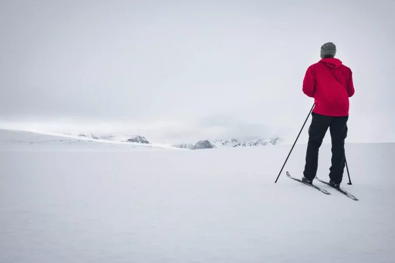 Skifahrer mit roter Jacke in den Bergen im Winter. Rondane-Nationalpark in Norwegen.